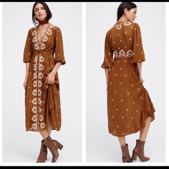 Free People Long Dress Embroidered Flowers - Picture 11 of 11